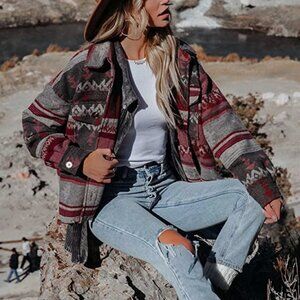 Red Gray Multicolor Aztec Tribal‎ Print Button Down Shacket Jacket Coat Cardigan